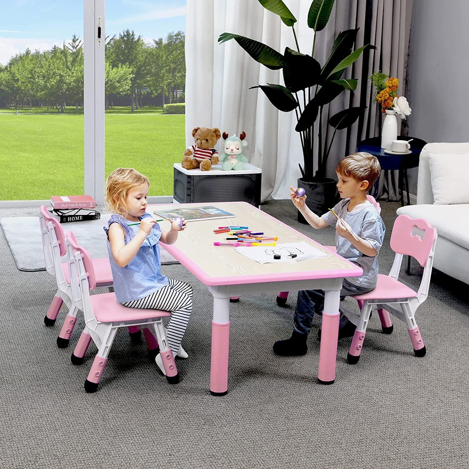 Arlopu Toddler Table & 4 Chairs Set, Height Adjustable Kids Multi Activity Table and Chairs for Drawing, Reading, Studying, Pink