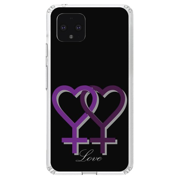 DistinctInk Clear Shockproof Hybrid Case for Google Pixel 4 XL (6.3" Screen) - TPU Bumper, Acrylic Back, Tempered Glass Screen Protector - Lesbian Purple Symbols Love - Show Your LGBTQ Support