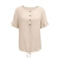 thumbnail image 5 of ClodeEU Women's Crew Neck Short Sleeve Henley Blouse,Casual Solid Color Linen Blend Top Beige,Women's Plus L, 5 of 8