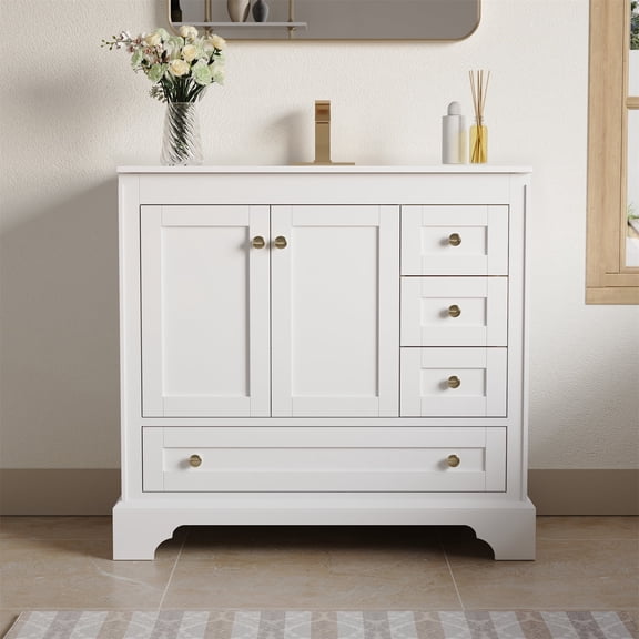 ANGELES HOME 36" White Bathroom Vanity with Sink, Solid Wood & Plywood, 2 Doors 4 Drawers, Soft Close, 17mm Ceramic Countertop with cUPC Basin, Brushed Gold Handles