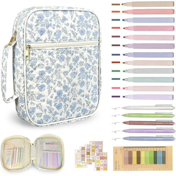 Bible Cover Case for Women,Bible Study Supplies Accessories,Bible Journaling Kit,Blue Flower Carrying Case with Highlighters