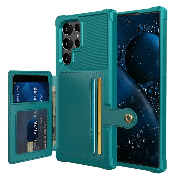 Cowithday Galaxy S22 Ultra 5G Wallet Case, RFID Blocking Card Holder Slot Kickstand Magnetic Button Women Men Heavy Duty Shockproof Rugged Back Case Cover for Samsung Galaxy S22 Ultra 5G 2022, Green