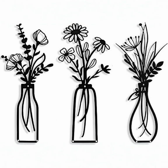 3 Pieces Metal Flowers Wall Arts - Rustic Farmhouse Decor Black Minimalist Flower Wall Decors for Living room Bathroom Bedroom Dining Room - Housewarming Gifts(Black)