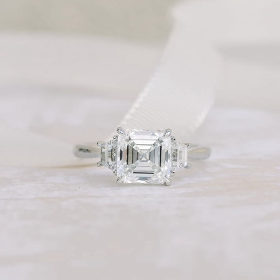 Silvago Jewel White Gold Over 14K Silver Diamond Rings - 1.9 Ct VVS1/D Asscher Cut Lab Created Simulated Diamond Rings - 3 Stone Diamond Rings for Women's - Three Stone Diamond Rings for Her