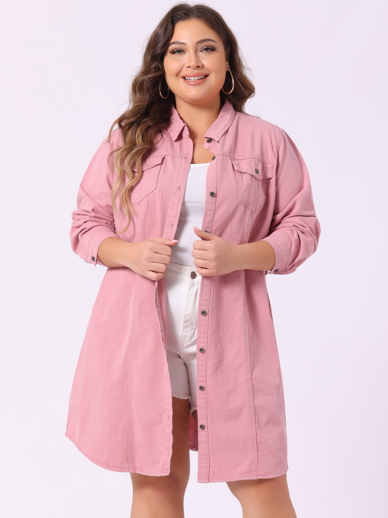 DARING DIVA Plus Size Long Sleeve Belted Above Knee Denim Shirt Dress 2X Pink