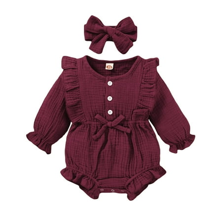 

Saeaby Newborn Baby Girl Romper Ruffle Long Sleeve Bodysuit Cute Baby Girl Onesies+Headhand 2 piece