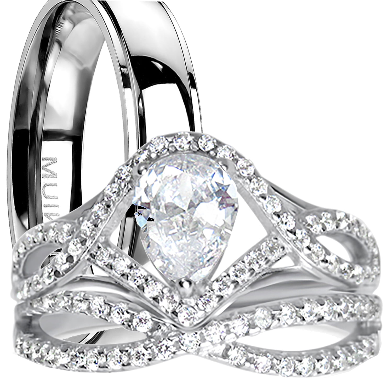 Sterling Silver 1.25ct Simulated Diamond Trio His & Hers Wedding Band Ring Set 