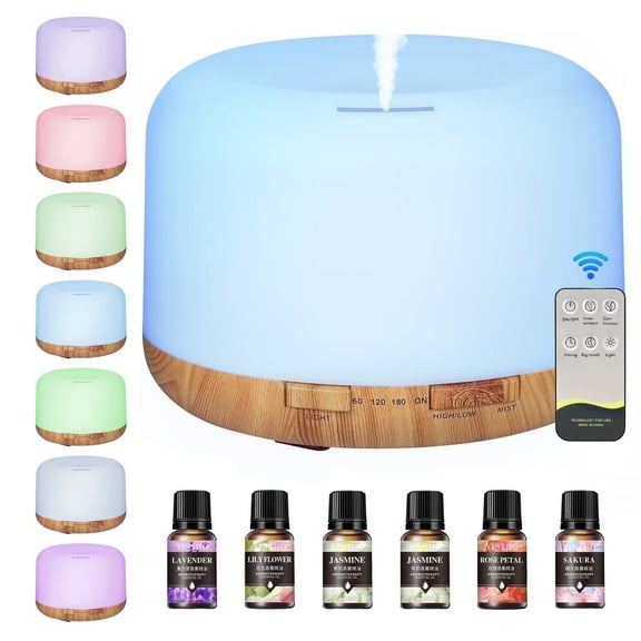 500ml Essential Oil Diffuser with Remote Control,6*10ml Air Humidifier with 3 Timers 7 Colors Ambient Light for Large Room Home Office
