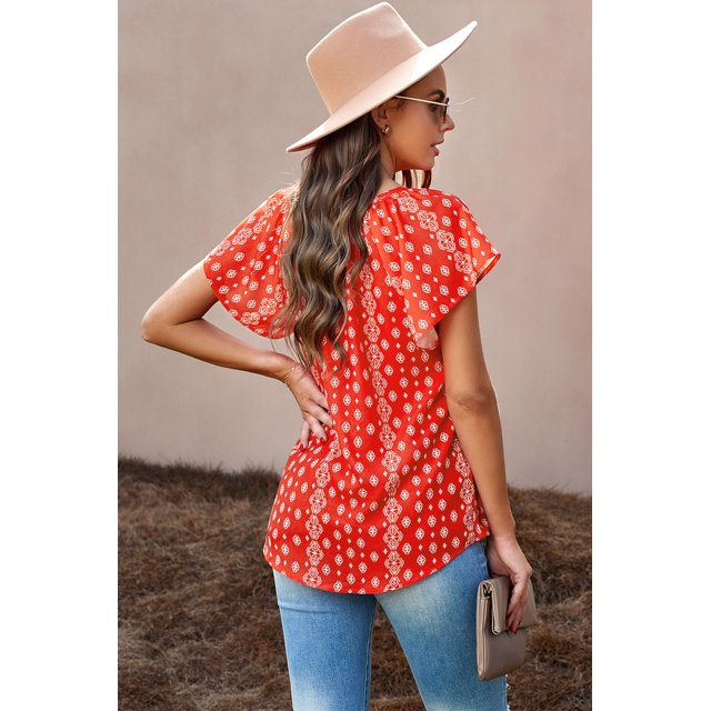 ABPHQTO Blusa roja con cuello en V y manga corta con estampado de moda para mujer