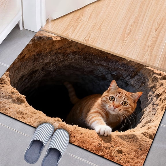 3D Visual Trap Area Rug Optical Illusion Floor Mat With Cat Design For Living Room Bedroom Bathroom Entryway (23.6-47.2 Inches)