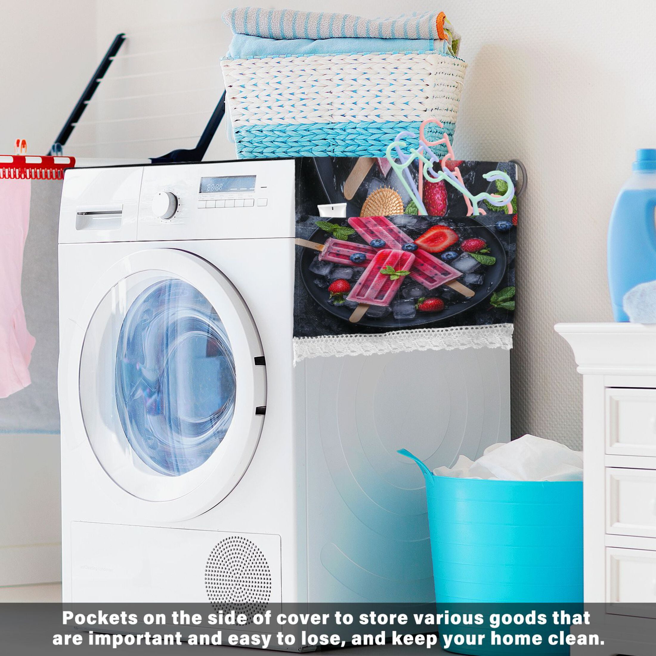 Popsicles Fruit BowlWasher and Dryer Covers Dust-Proof and Oil Resistant Fridge Cover with 4 Storage Pockets Washing Machine Top Cover for Laundry Kitchen Home 51.2 x 22 In