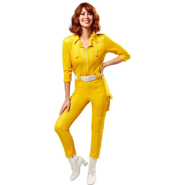 Teenage Mutant Ninja Turtles April O'Neil Women's Costume with a yellow polyester jumpsuit featuring a front zipper, three-quarter sleeves, chest pockets, and a white belt, styled with white lace-up ankle boots, shown in a front-facing pose.