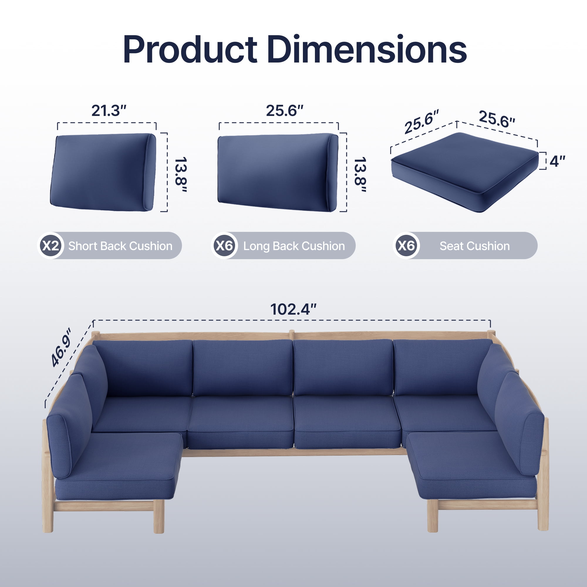 SUNCOZE 14-Piece Outdoor Patio Cushion Set for 6-Seat Sectional Sofa, 25.6 x 25.6 Inch Replacement Cushions, 4-Inch Thick, Non-Slip, Weather-Resistant, Blue