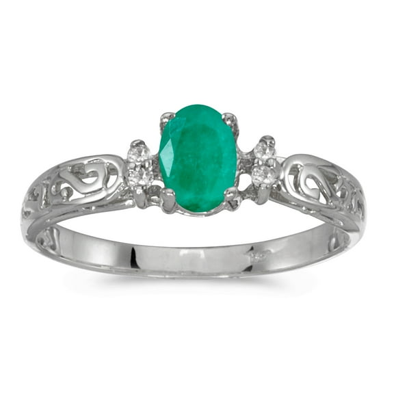 10k White Gold Oval Emerald And Diamond Ring