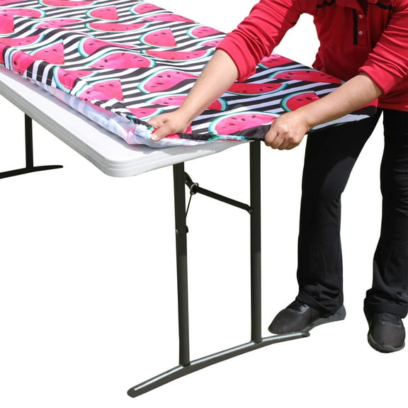TableClothPLUS Watermelon 72" Elastic Fitted PEVA Vinyl Tablecloth, 6' Folding Table Size