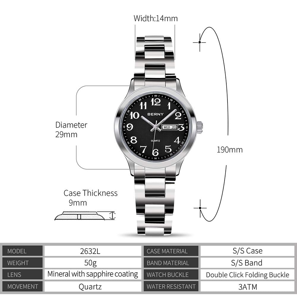 BERNY Silver Watch for Women, Fashion Easy to Read Ladies Analog Quartz Wrist Watch with Day & Date Calendar, Luminous, Stainless Steel, Waterproof, Business Dress Women's Watches (Black)