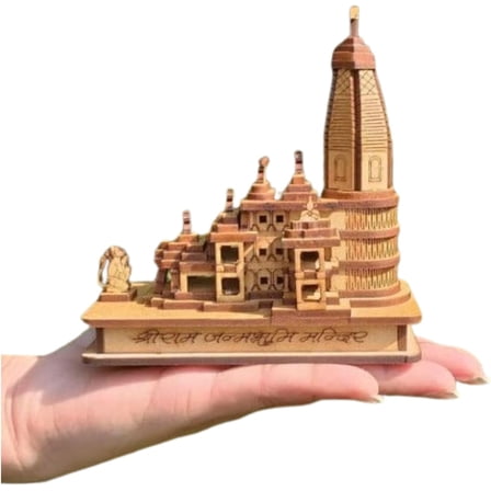 5.5 inch Shri Ram Mandir Ayodhya 3D Model Wooden Hand Carved Temple Decorative Showpiece Gift, Natural
