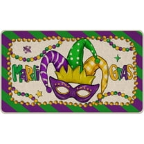 Mardi Gras Mask Beads Decorative Front Door Mat, New Orleans Carnival Doormat Indoor Outdoor Non-Slip Floor Entryway Rug, Purple Green Stripes Masquerade Home Kitchen Decoration 17x30 Inch