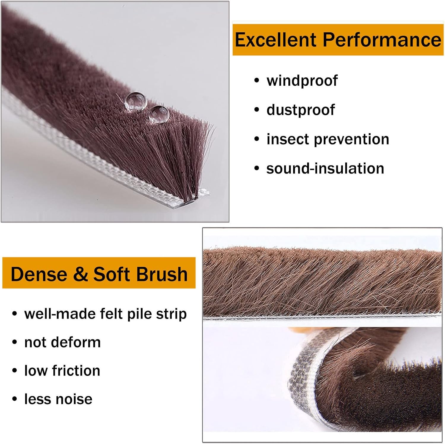 FRKSMD-Weather Stripping 0.35" Width x 0.2" Thick x 16.4 ft Length with Adhesive Backing, Felt Pile Brush Weather Stripping for Window Door Seal Strip, Brown