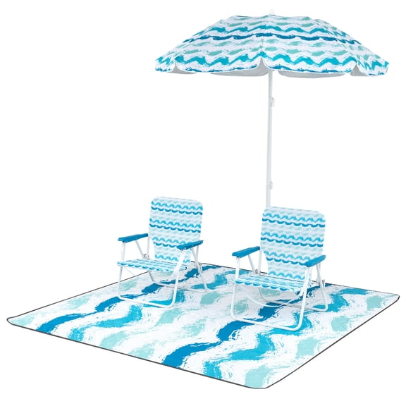 Patiojoy 4 Pieces Beach Umbrella Set Outdoor Parasol Set w/2 Chairs & 1 Blanket Blue