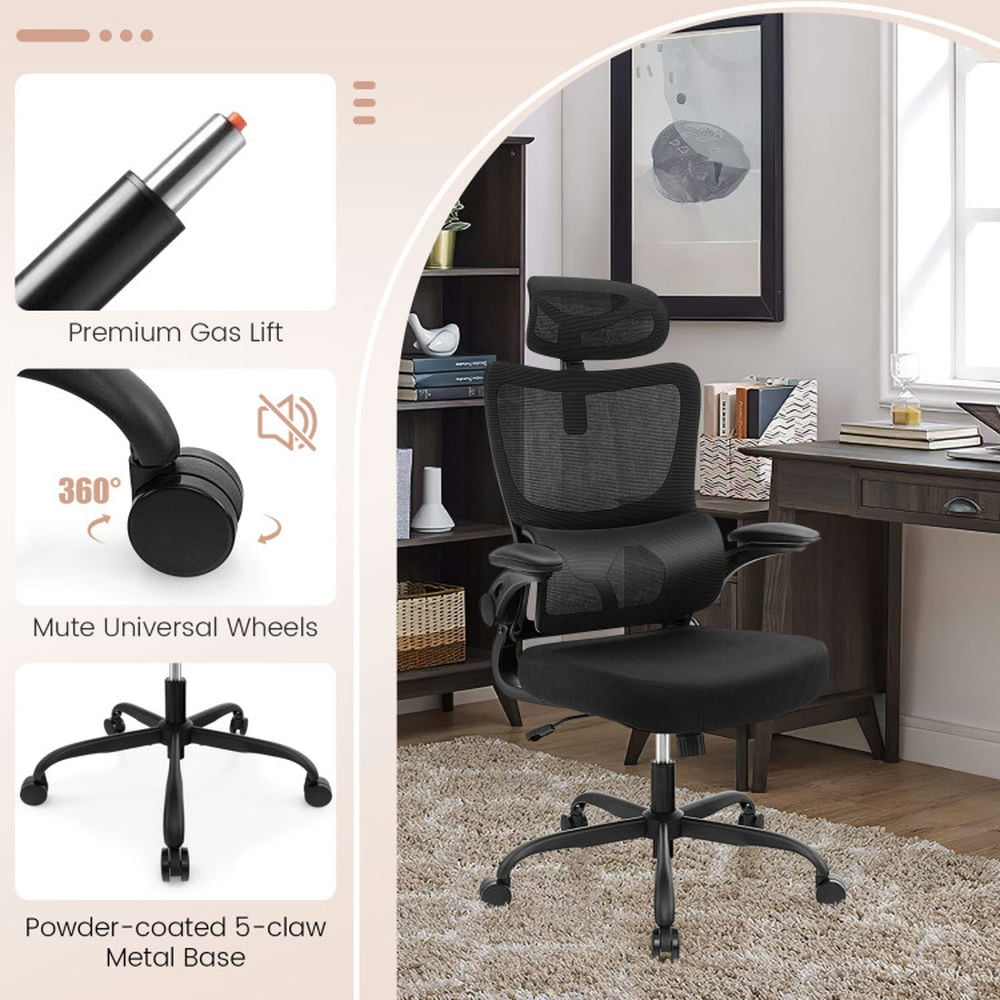 Demi Bonn Mesh Office Chair with Adaptive Lumbar Support Flip-up Armrests, Reclining Backrest, Rolling Work Computer Desk Chair, Black