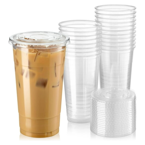 300 Pack 32 oz Clear Plastic Cups with Flat Lids, Disposable Iced Coffee Cups, BPA Premium Crystal Smoothie Cup for Party, Lemonade Stand, Cold Drinks, Juice, Milkshake