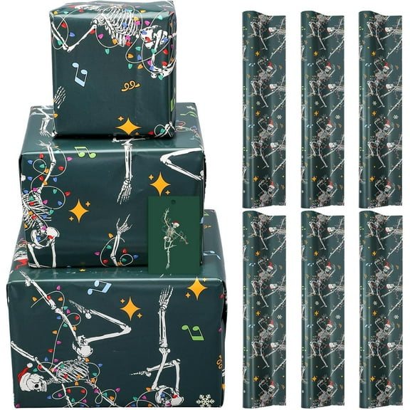 16 Pcs Dancing Skeleton Christmas Wrapping Paper with Dancing Skeleton Greeting Cards Spooky Skull Wrap Paper 19.7 x 27.6 Inch Gothic Gift Wrapping Paper for Crafts Home Party Supplies