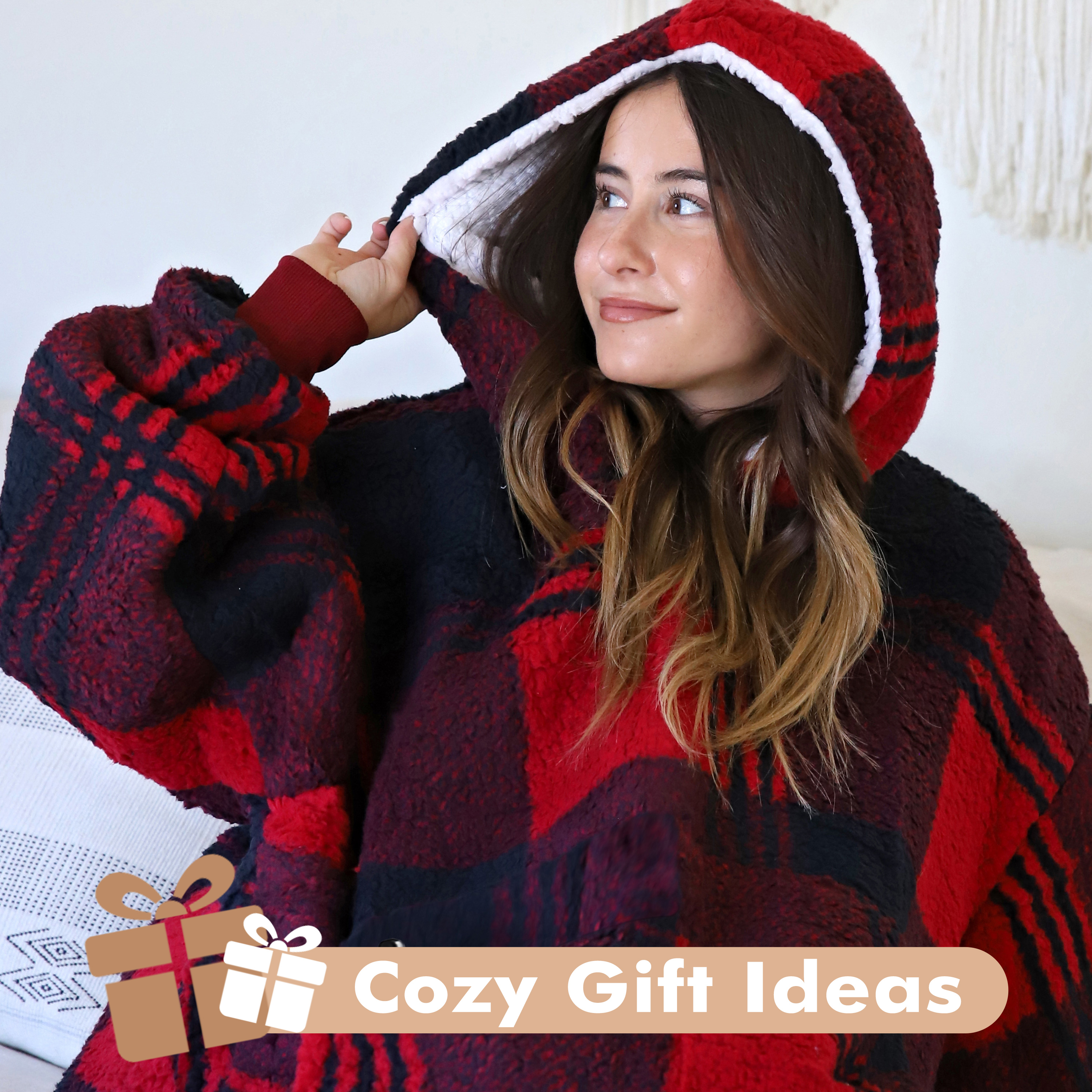 Tirrinia Oversized Blanket Hoodie, Wearable Fluffy Sherpa Blanket, Cozy Sweatshirt Blanket Gift for Adult Women Men Girlfriend, Black Plaid
