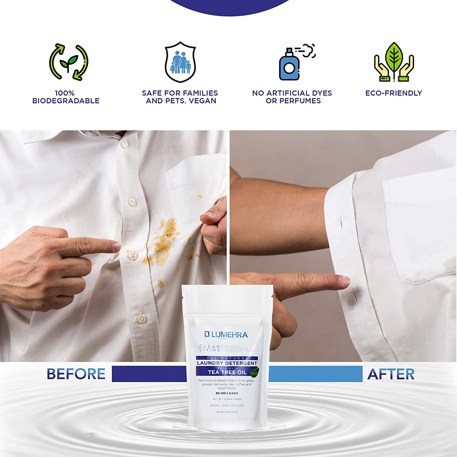 Lumehra's Laundry Detergent, Powder Biodegradable Safe for sensitive skin, Kids, Baby non toxic laundry detergent  Scent Tea Tree and Lemon Essential Oils 500 Grams 100 Loads Ultra Concentrated