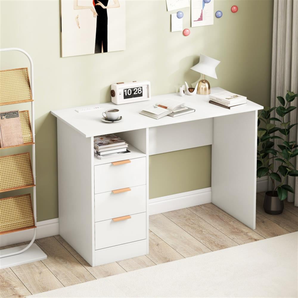 Demi Bonn Home Office Desk with Power Outlet 3 Storage Drawers and Open Compartment, Small Home Computer Desk Study Writing Table, White