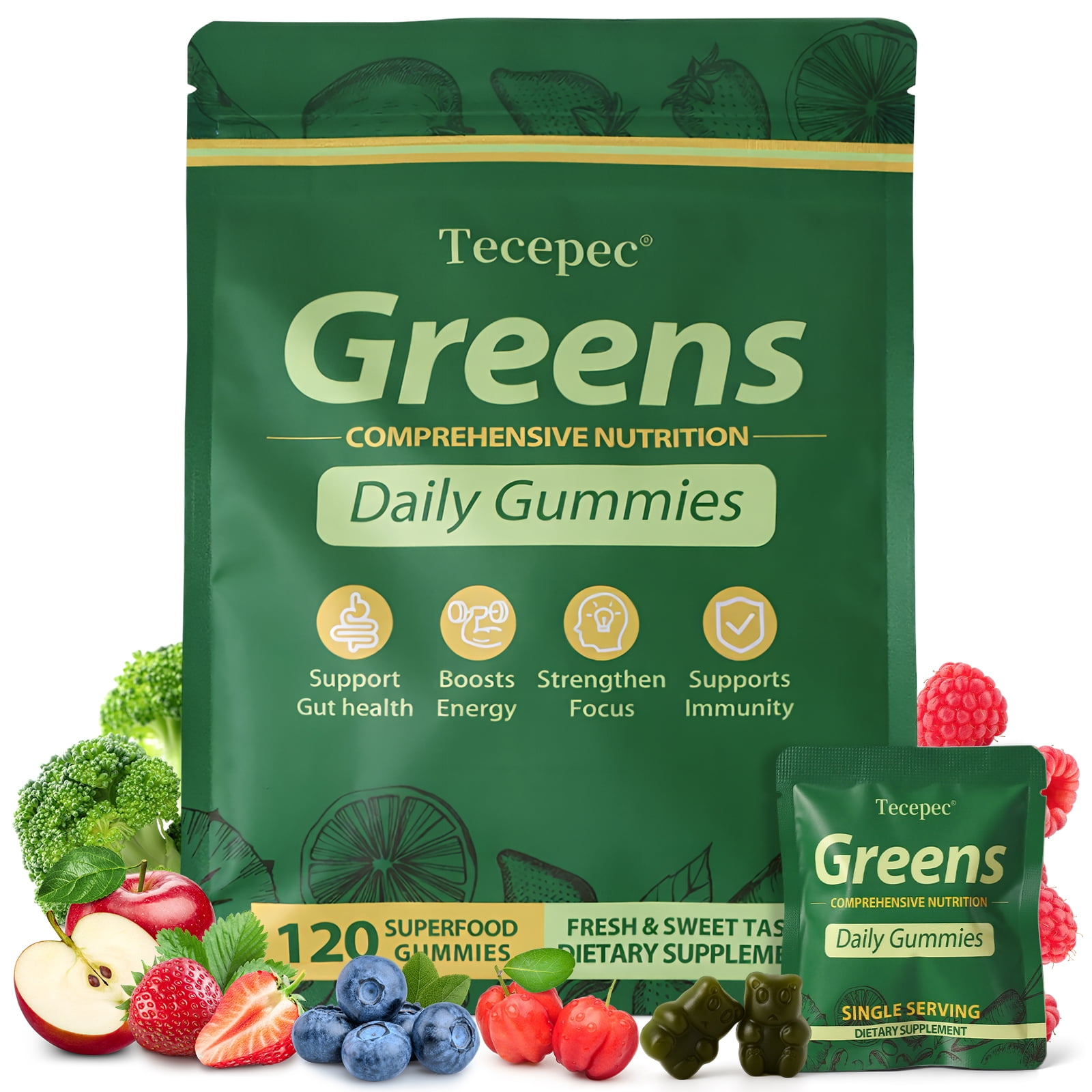 Tecepec Greens Superfood Fruits & Veggies Gummies, Multivitamin for Digestive Health