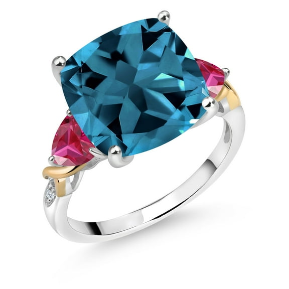 Gem Stone King 925 Silver and 10K Yellow London Blue Topaz and Red Created Ruby and Diamond Ring for Women (9.67 Cttw, 12MM Cushion and 5mm Trillion) (Size 7)