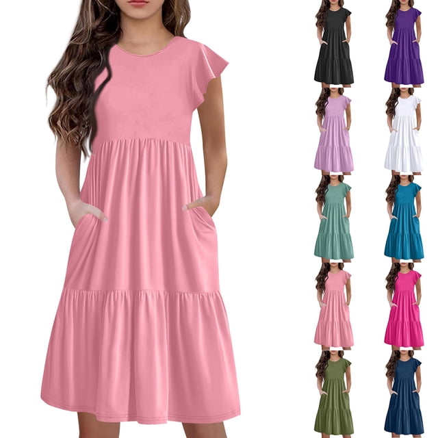 Teen Girls Dresses Casual Summer Midi Dress with Pockets Short Sleeve Loose Fit Flowy Sundress for Beach Party ,Sie:100