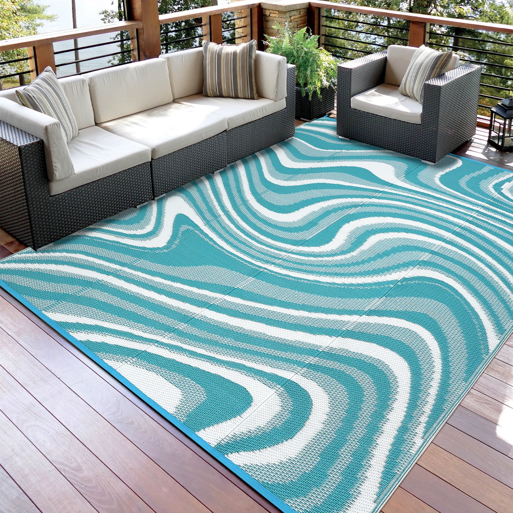 Haperlare Outdoor Rug 9'x12' Waterproof Reversible Camping Rugs, Modern Abstract Plastic Straw Rug Carpet for Patio Picnic Backyard Deck, Light Blue