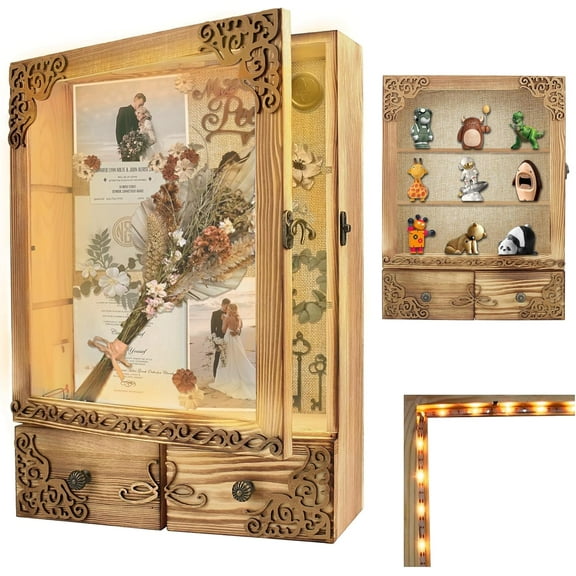 Hltsar 11x16 Shadow Box Frame with Light Memorial Display Case with Shelves Drawer and Slot for Keepsakes Large Deep Shadow Box for Flowers and Pet Memorial Grey