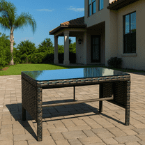 Homy Casa Outdoor Coffee Table with Glass Top for Patio Lounge or Backyard Conversation, Brown