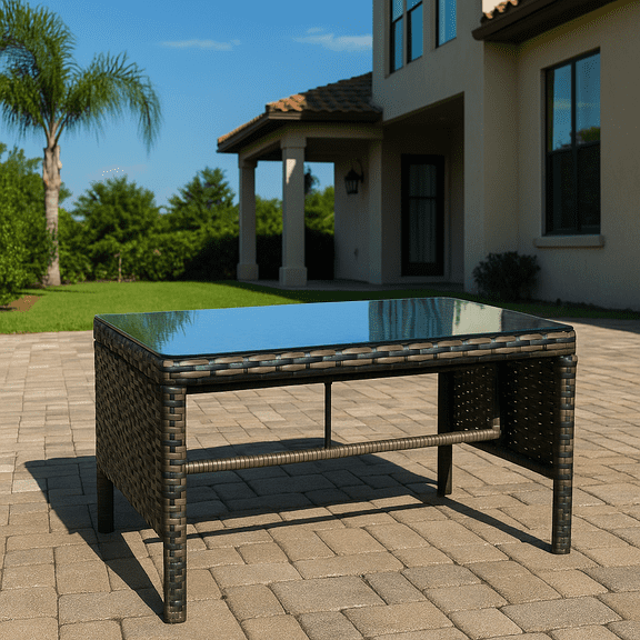 Homy Casa Outdoor Coffee Table with Glass Top for Patio Lounge or Backyard Conversation, Brown