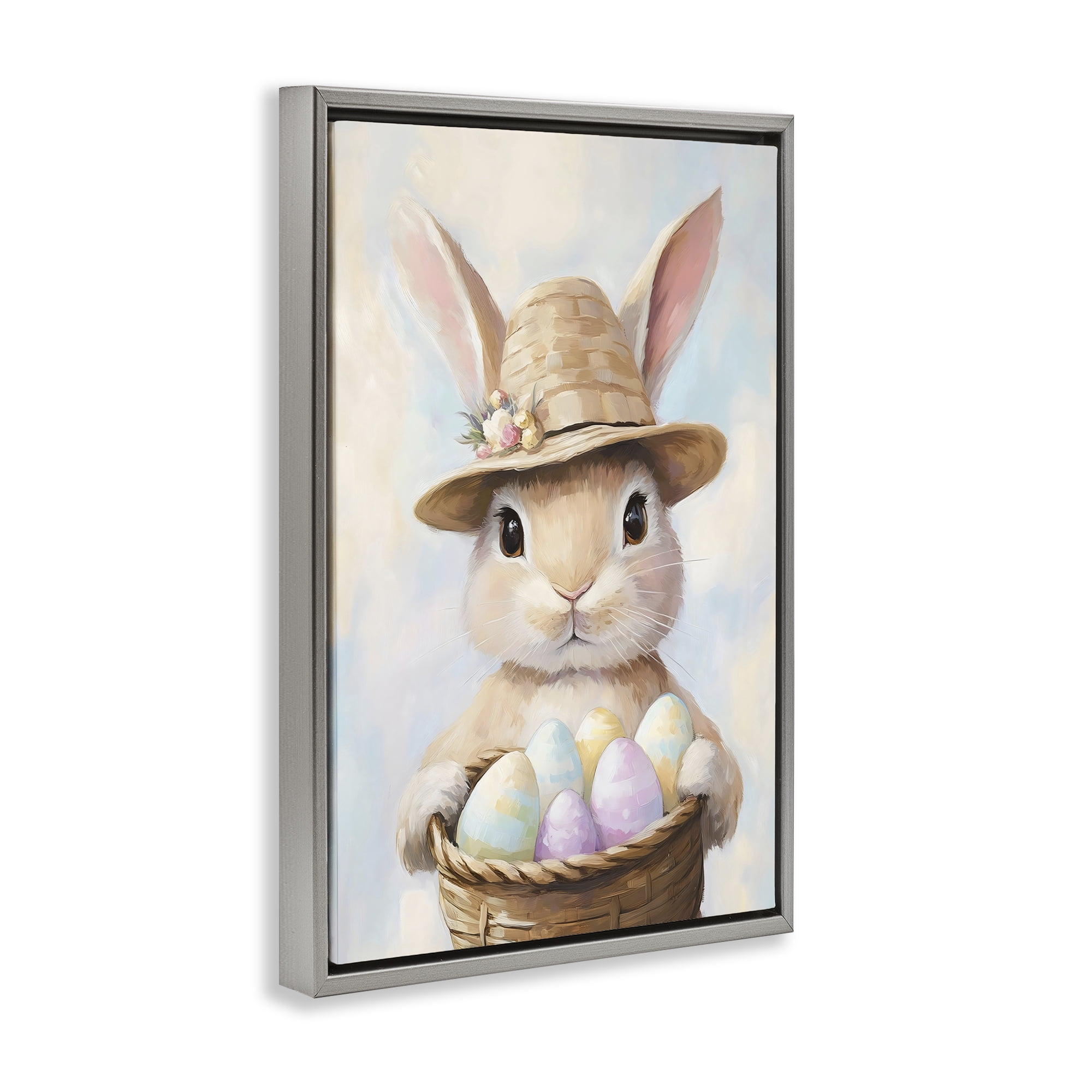 Stupell Industries Bunny with Easter Egg Basket Gray Framed Floater Canvas Wall Art, design by The Prints Vibe