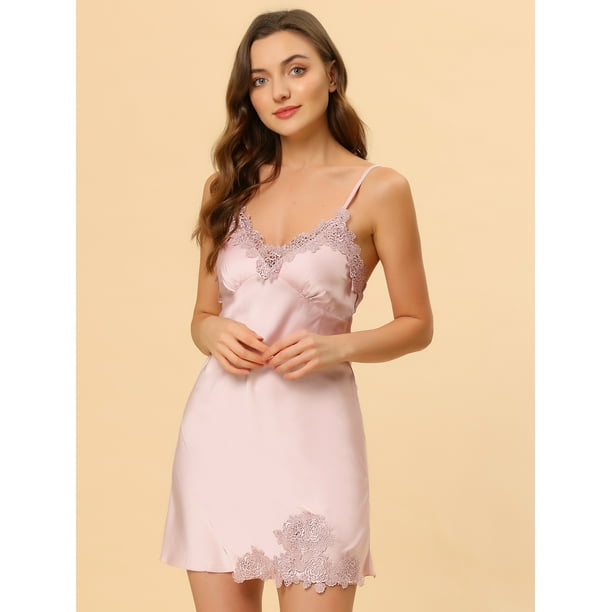 Mini vestido de pijama con camisón de encaje con escote en V sexy de satén  para Mujer Rosa S