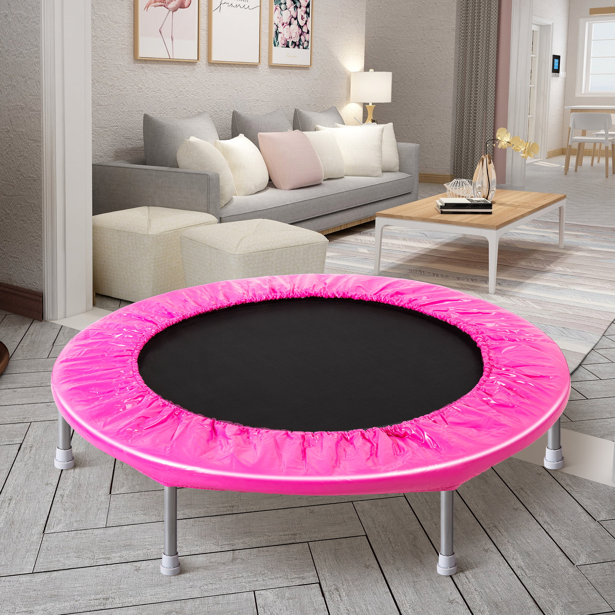 38" Trampoline Rebounder, BTMWAY Mini Indoor/Outdoor Folding Gym Fitness Trampolines, Kids Adults Folding Small Jump Exercise Rebounder Trampoline with Safty Pad, Max Load 180lbs, Pink, R633