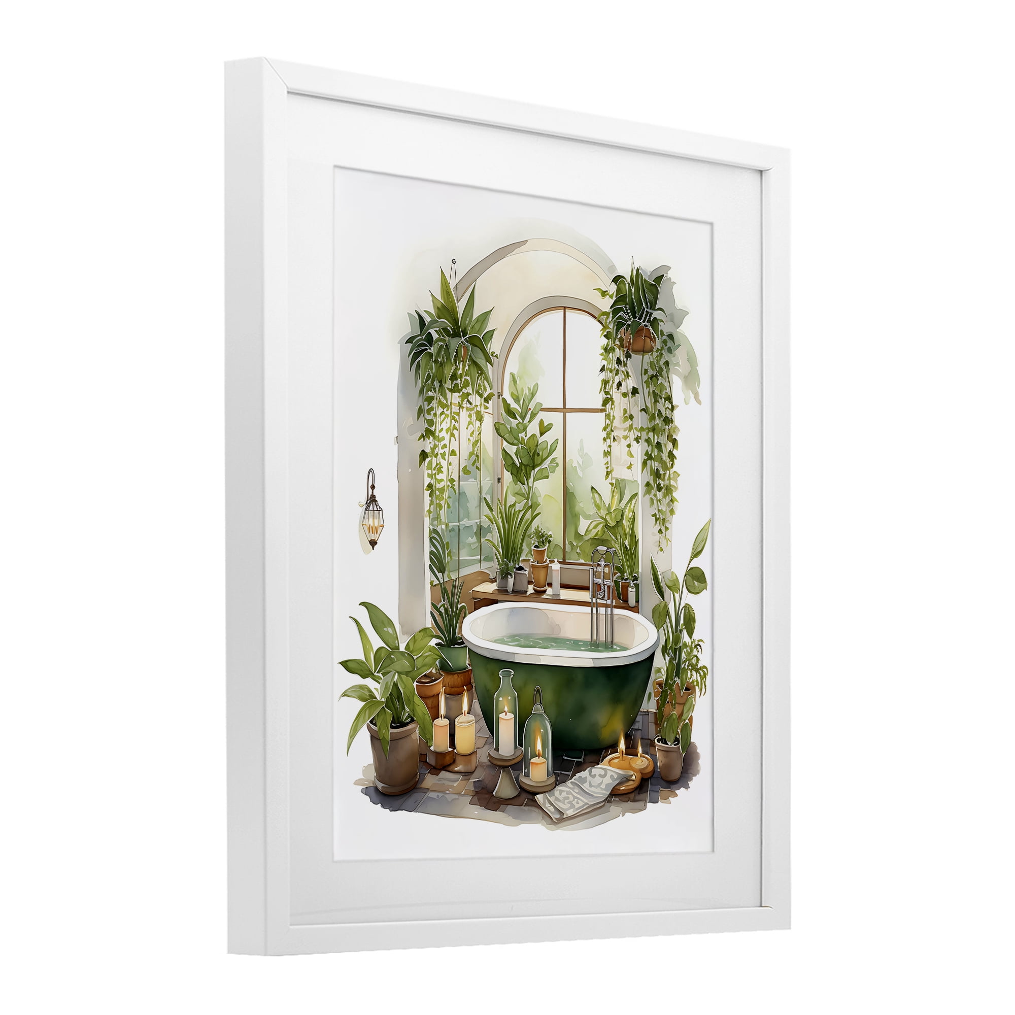 Tranquil Tub with Candles & Greenery White Framed Print Under Glass, design by Lettered and Lined