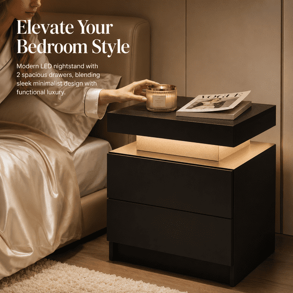 Black LED Nightstand with 2 Drawers, Modern Bedside Table for Bedroom