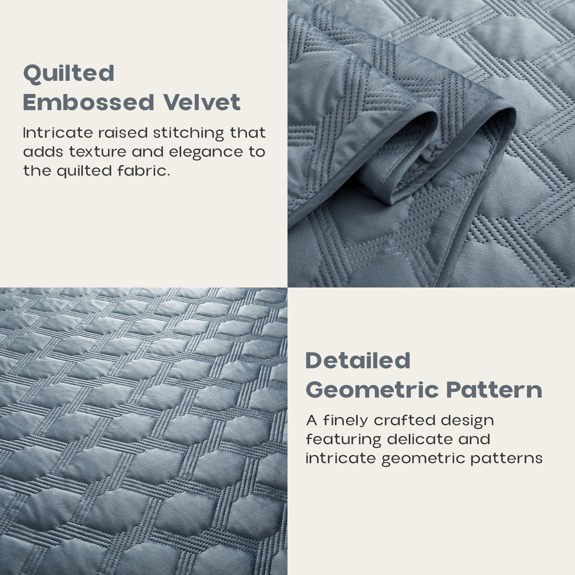 Ameha Velvet Bedspread King Size 3 Piece Set Bluish Grey Geometric Quilt Ultra Soft Lightweight Reversible Washable Bedding 350GSM