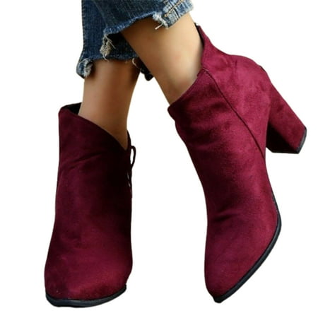 

asdoklhq Boots Under $15 Women Casual Suede Thick Heel Pointed Bare Boots Back Zipper Solid High Heel Shoes