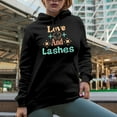 thumbnail image 2 of Love and Lashes Text with Pastel Colors, Beauty Themed Merch Gift for Makeup Artist or Lovers, Cosmetologists & Beauticians, Black Hooded Sweatshirt or Hoodie, Small, 2 of 5
