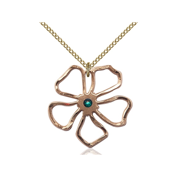 Gold Filled Five Pedal Flower Pendant with 3mm May Green Swarovski Crystal 1 x 1 inches with 18 inch Gold Filled Curb Chain