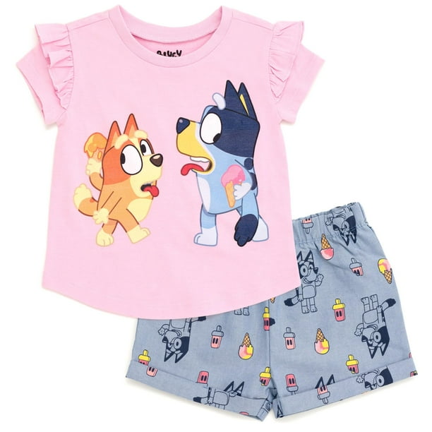 Conjunto de atuendo Bluey Bingo, camiseta y pantalones cortos de cambray, 3T Girl