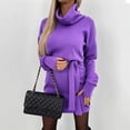 thumbnail image 3 of comerut Fall Winter Women Dress Lace-up High Waist Piled High Collar Long Sleeves Sheath Slim Fit Thick Warm Mini Dress, 3 of 7