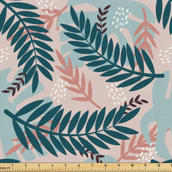 Ambesonne Tropical Fabric by the Yard Upholstery, Palm Monstera FashionArt, 1 Yard, Pale Rust and Dark Teal
