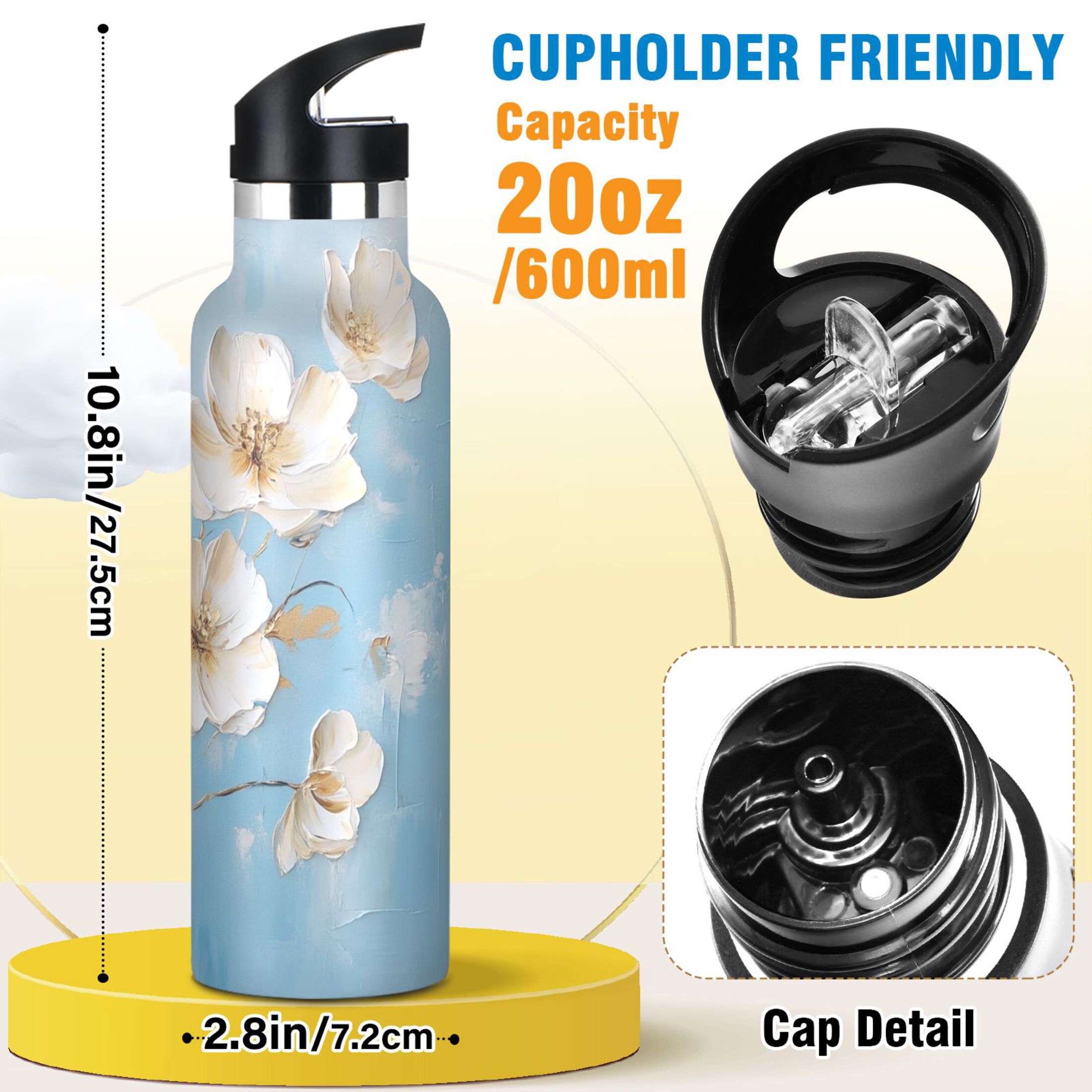 Kids Insulated Stainless Steel Sports Water Bottle 600ml (20oz) Elegant White Flowers
